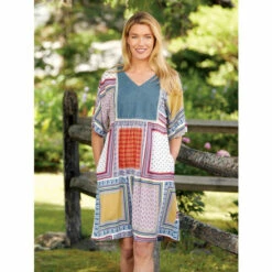 Promo 🔥 Vermont Country Store Patchwork Print Rayon 👗 Dress Blue Multi ✔️