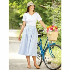 Budget 👏 Vermont Country Store Button-Front Cotton Seersucker 👗 Skirt Blue 🎉