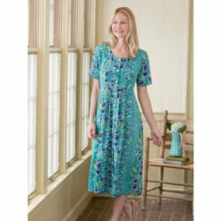 Buy 🌟 Vermont Country Store Delightful Garden Button-Front 👗 Dress Teal Floral ❤️