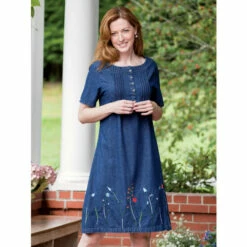 Cheapest 🤩 Vermont Country Store Embroidered Denim Pintuck 👗 Dress 😍