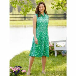 Budget 😍 Vermont Country Store Vermont Meadows Sleeveless Button-Front Rayon 👗 Dress Green 💯
